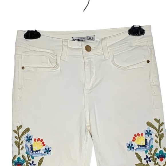 Zara Basic White Skinny Jeans with Floral Embroidery Size 2 - Picture 2 of 11